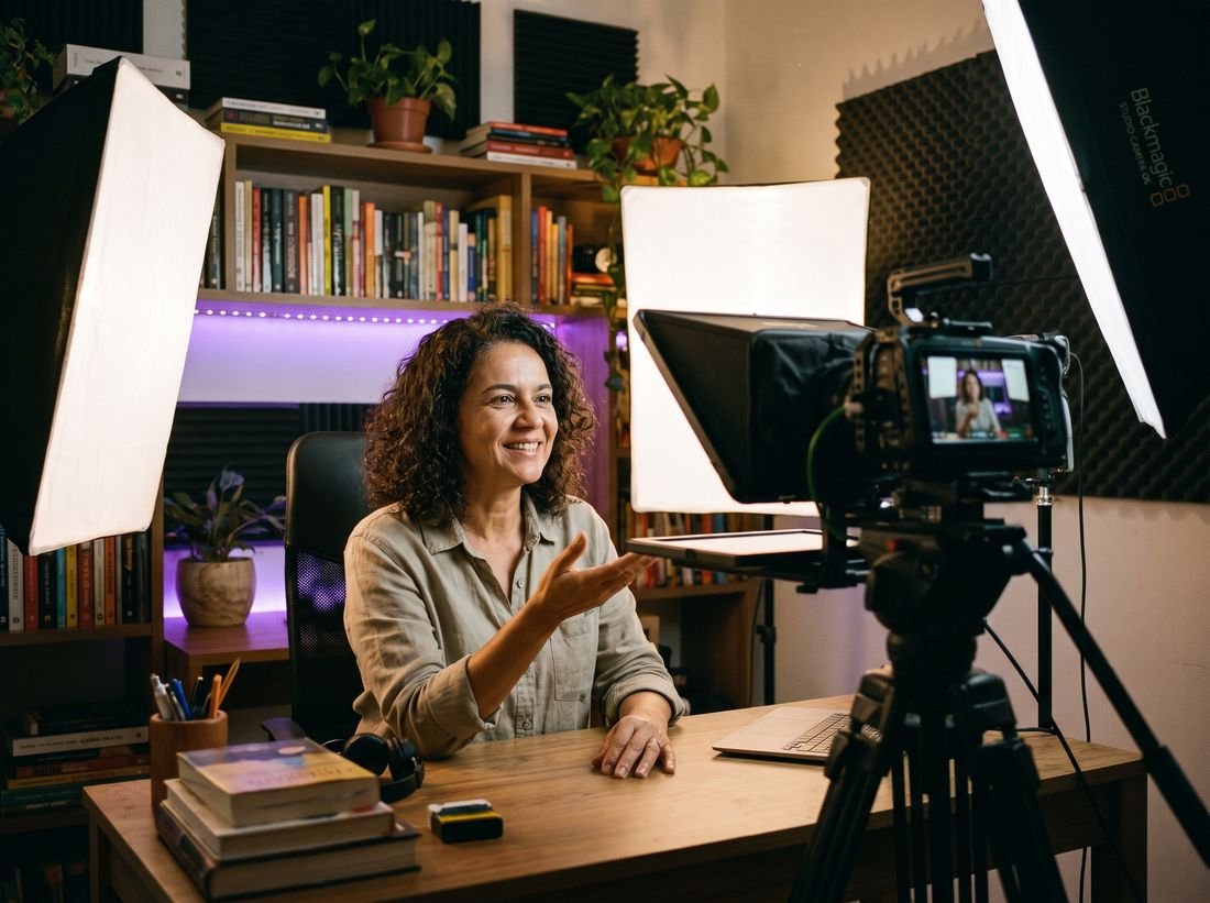Professora gravando curso online diante de câmera com teleprompter